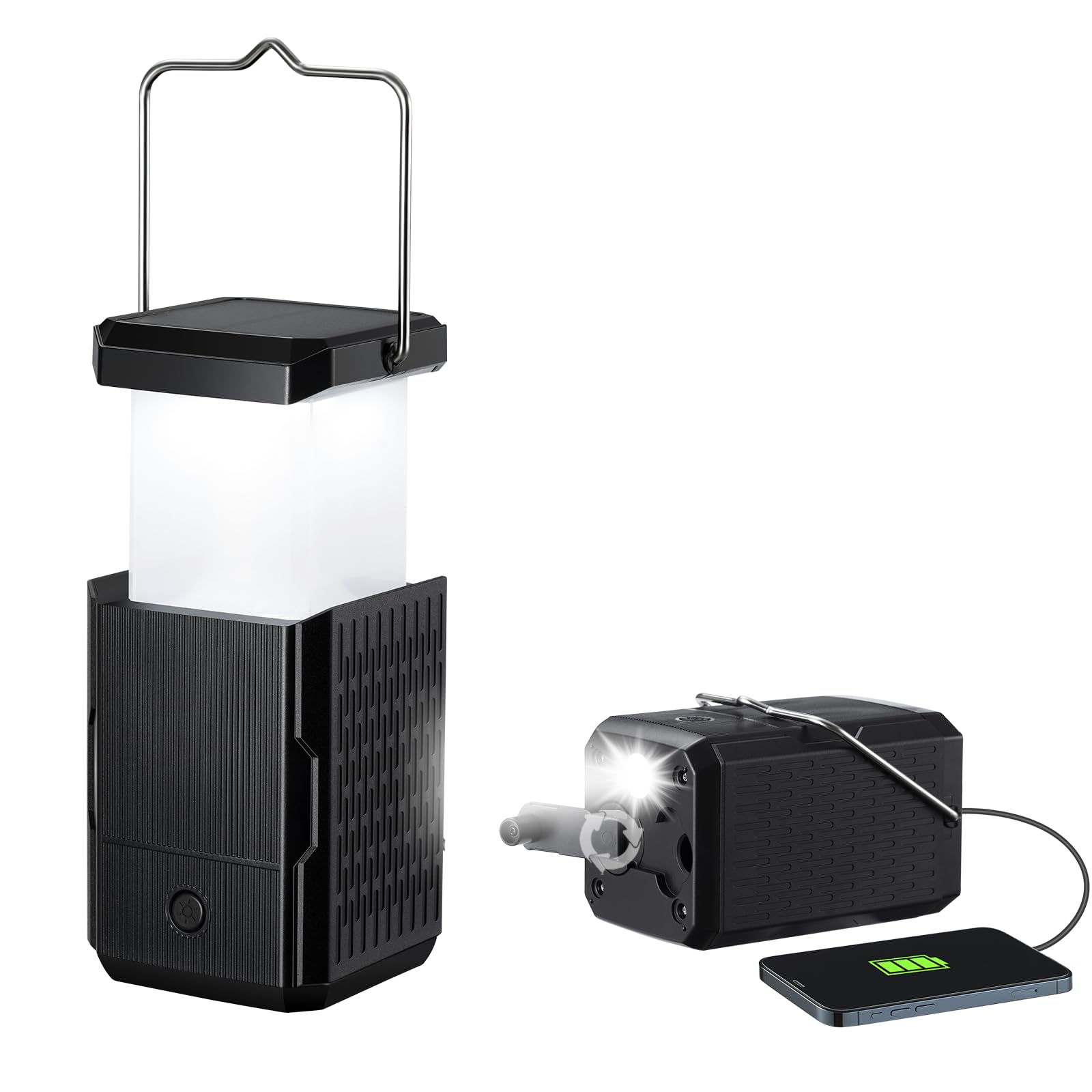 Paquete de 2 Linternas de Camping Recargables con Manivela Manual y Luz Solar