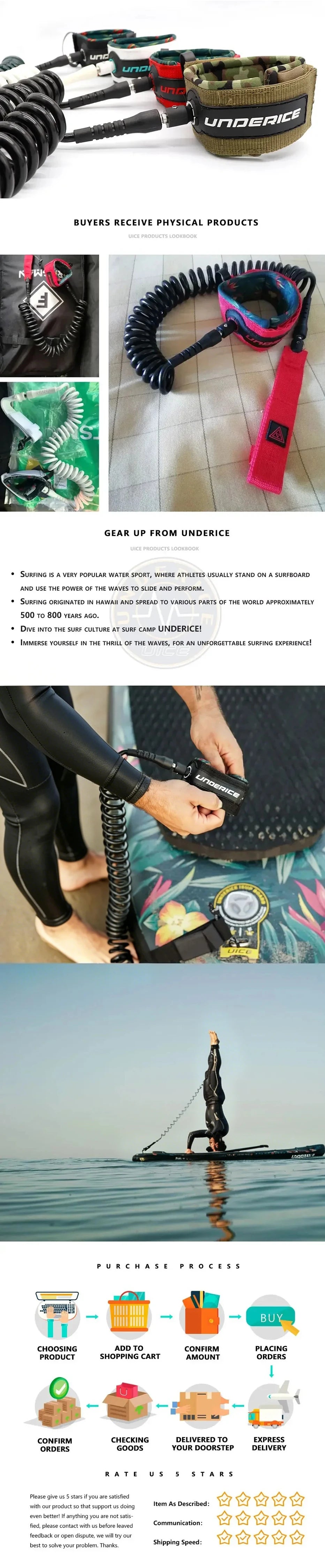 UICE Surfboard Leash Adjustable Coiled SUP Spring Wrist Strap Stand-Up Paddle Board Leg Rope Shortboard Longboard Safety Leash