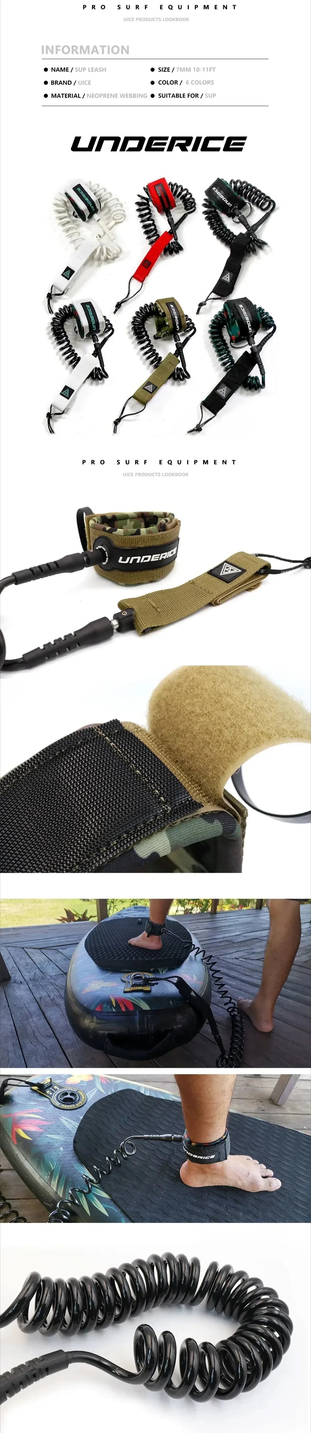 UICE Surfboard Leash Adjustable Coiled SUP Spring Wrist Strap Stand-Up Paddle Board Leg Rope Shortboard Longboard Safety Leash